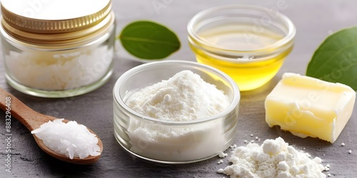 DIY natural deodorant stick ingredients arrowroot powder baking soda beeswax shea butter essential oil. Concept To make a natural deodorant stick, you will need the following ingredients photo