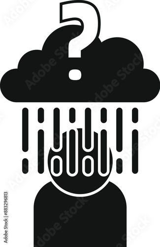 Stylized person is having information overload with data raining down from a cloud with a question mark