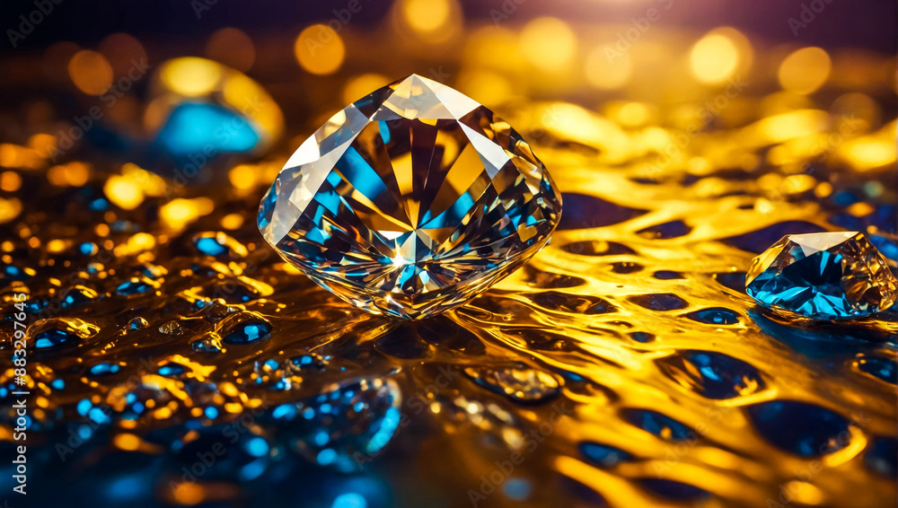 Numerous diamonds sparkling and golden surface, showcasing luxury and wealth Numerous diamonds sparkling and golden surface, showcasing luxury and wealth