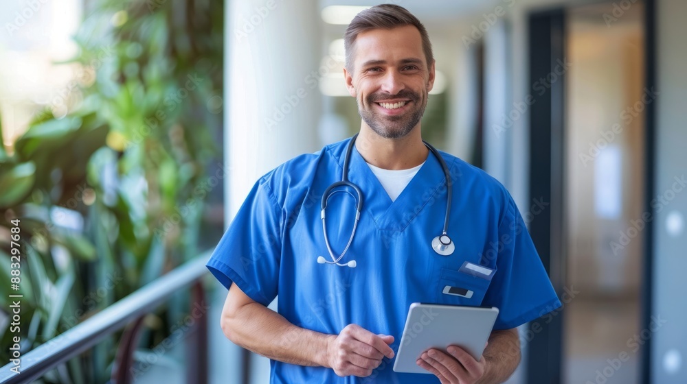 A handsome surgeon holds a tablet to promote medical innovation and modern technology in medical work. A blue surgeon shows modern medical technology and poses for photos A handsome surgeon holds a tablet to promote medical innovation and modern technology in medical work. A blue surgeon shows modern medical technology and poses for photos