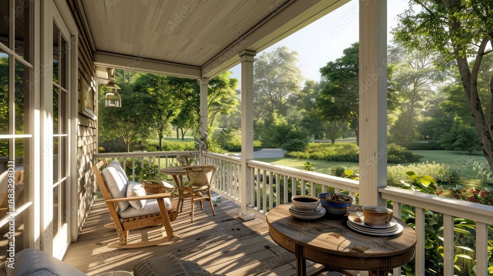 Fototapeta premium The back porch of a Suburban Cape Cod home, set up for a quiet morning coffee, with views of the surrounding nature