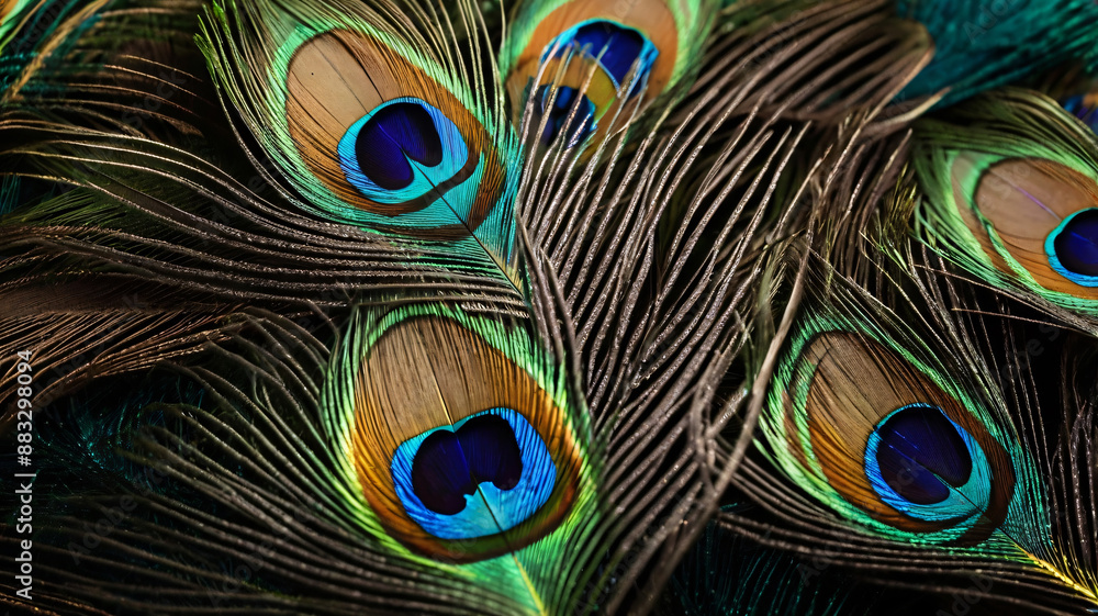 Fototapeta premium Colorful peacock feathers, glowing peacock feathers. Macro