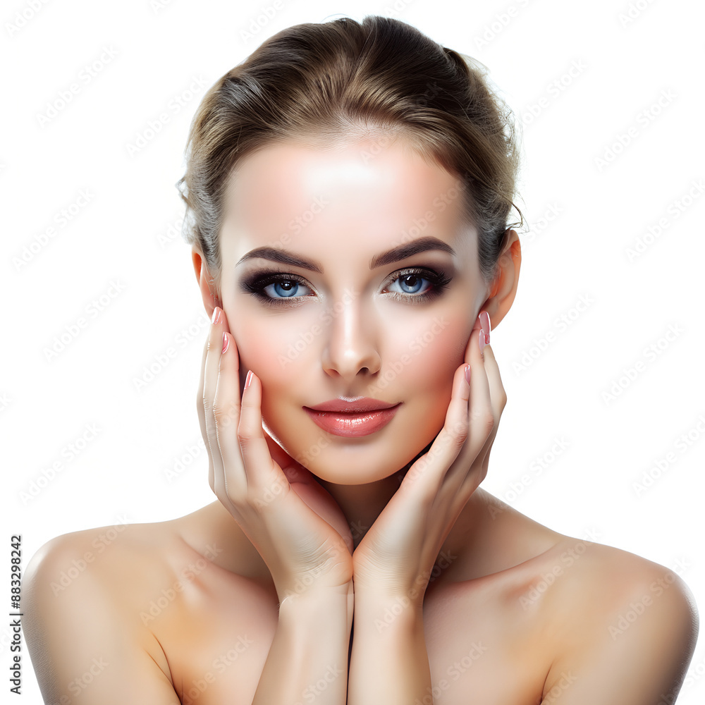 A woman with bare shoulders is depicted in a close-up portrait against a white background A woman with bare shoulders is depicted in a close-up portrait against a white background
