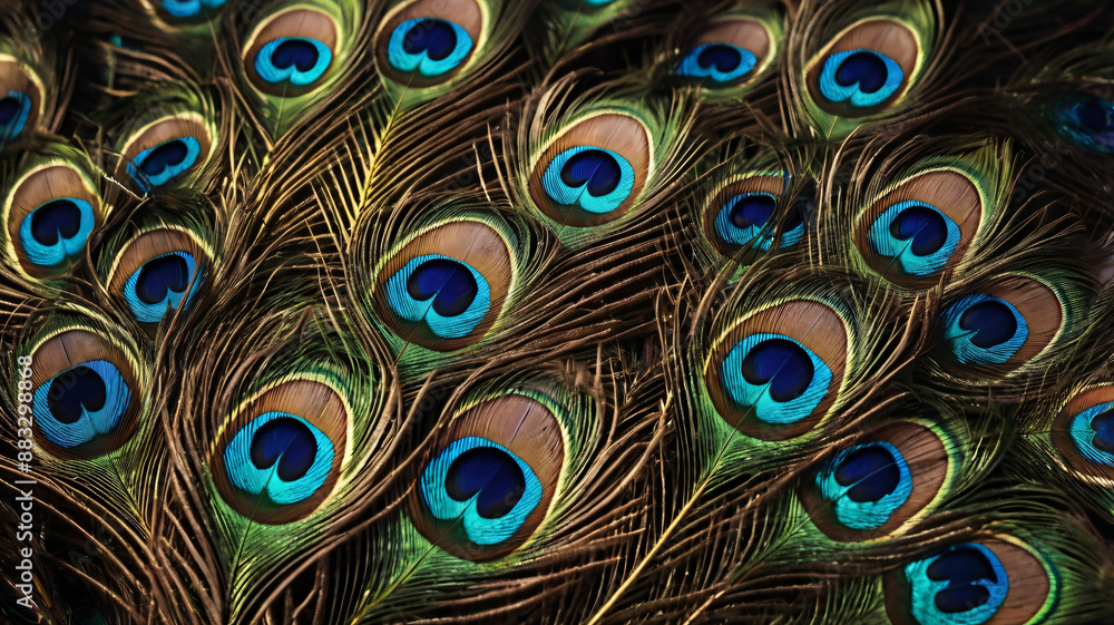 Obraz premium Colorful peacock feathers, glowing peacock feathers. Macro