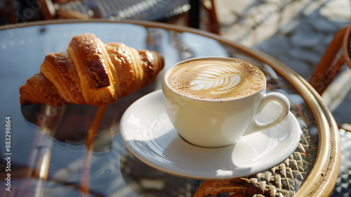 croissant and coffee for breakfast in a coffee shop photo