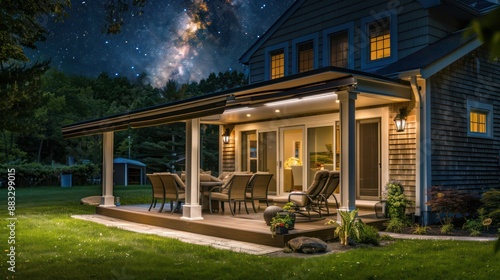 The back porch of a Suburban Cape Cod home, designed with a retractable awning that provides shade on sunny days and a clear view of the stars at night