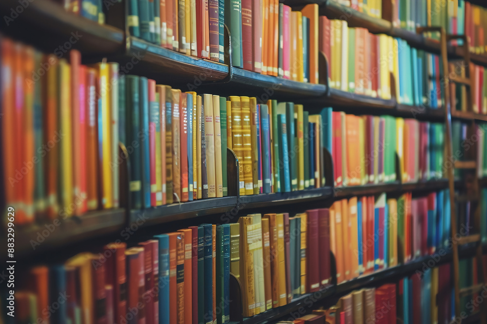 A curved wall of colorful books in the library, with wooden shelves filled to the brim and an old ladder leaning against one shelf A curved wall of colorful books in the library, with wooden shelves filled to the brim and an old ladder leaning against one shelf