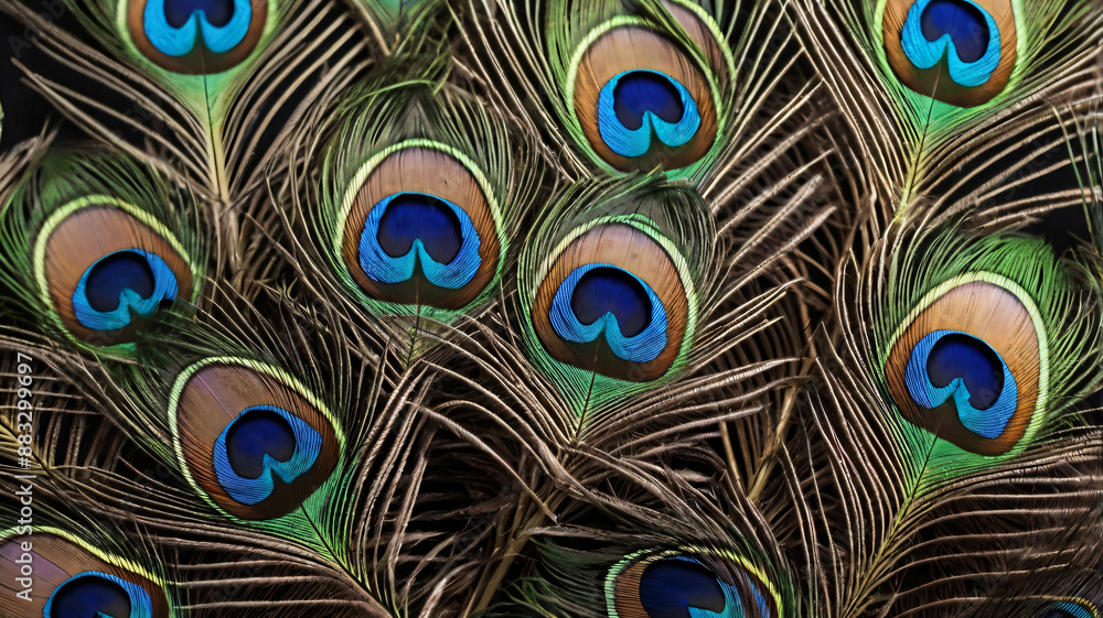 Obraz premium Colorful peacock feathers, glowing peacock feathers. Macro