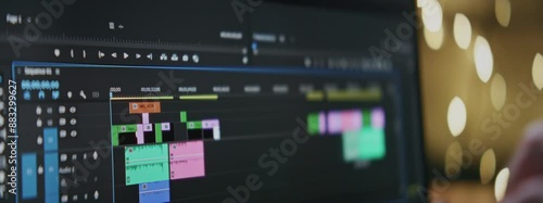 Video editing on a laptop. Monitor the computer the work of the interface program for video editing: the fragments are connected timeline. Video or sound processing, postproduction, film maker