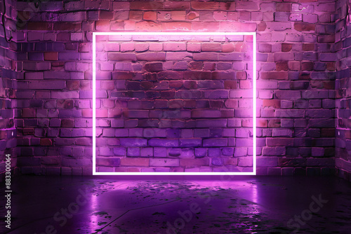 Fototapeta Naklejka Na Ścianę i Meble -  A glowing neon frame with purple light on dark brick wall background, 3d rendering , asymmetrical composition, ultra realistic .