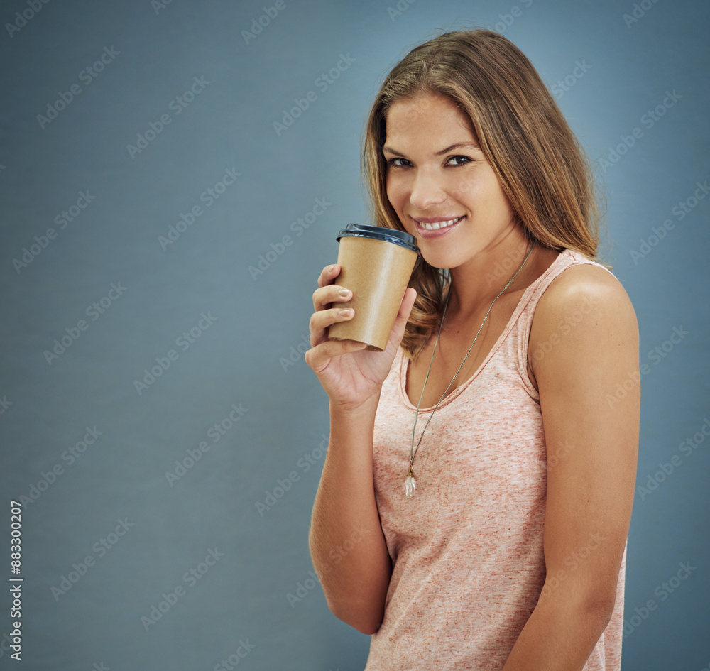 Woman, portrait smile and drinking coffee with mockup for cafe promo, relax and peace in studio. Model, happy and calm with espresso, caffeine brand advert and product placement by gray background Woman, portrait smile and drinking coffee with mockup for cafe promo, relax and peace in studio. Model, happy and calm with espresso, caffeine brand advert and product placement by gray background