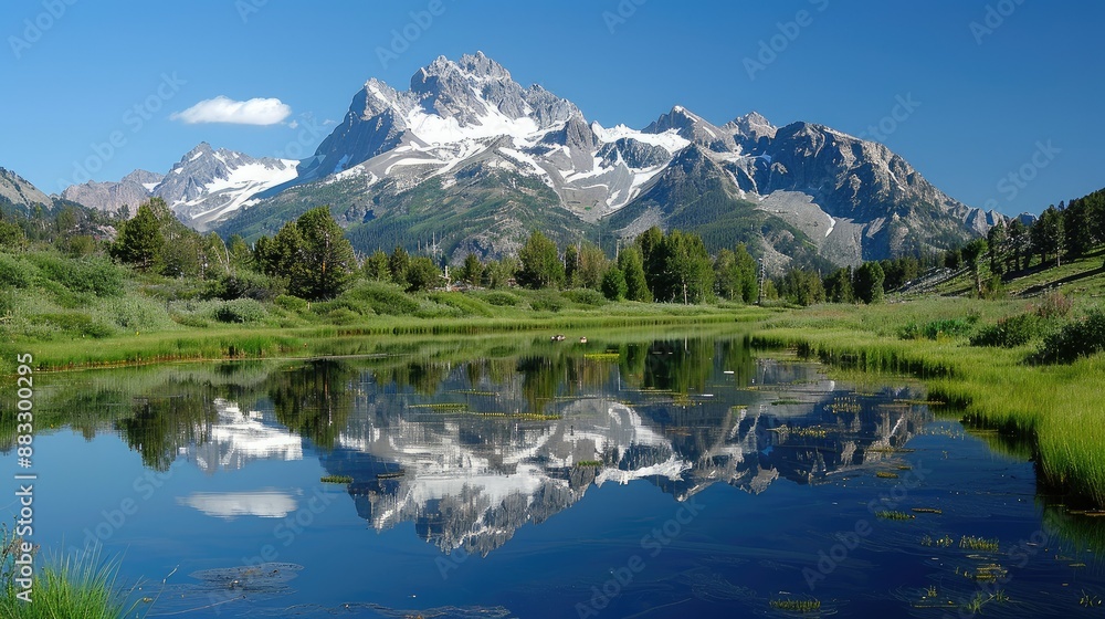 Fototapeta premium Tranquil lake reflecting towering mountains