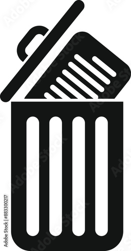 Black and white icon of an open trash can throwing away a document