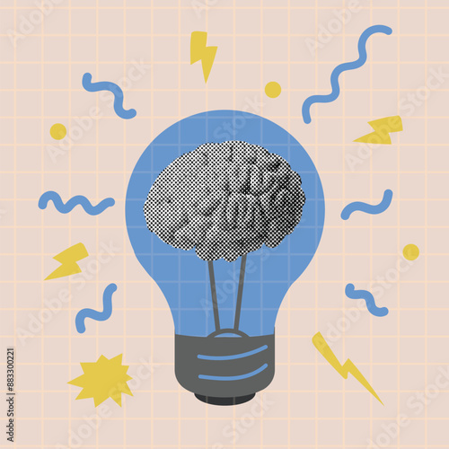 Idea pop art concept. Halftone brain in lamp bulb retro poster. Innovation thinking, creative solution, brainstorming, inspiration icon.