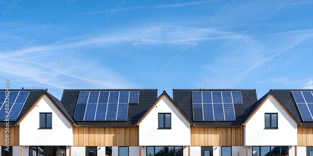 Sustainable housing development featuring eco-friendly homes with solar panels under the sky. Concept Sustainable Housing, Eco-Friendly Homes, Solar Panels, Housing Development, Sky Sustainable housing development featuring eco-friendly homes with solar panels under the sky. Concept Sustainable Housing, Eco-Friendly Homes, Solar Panels, Housing Development, Sky