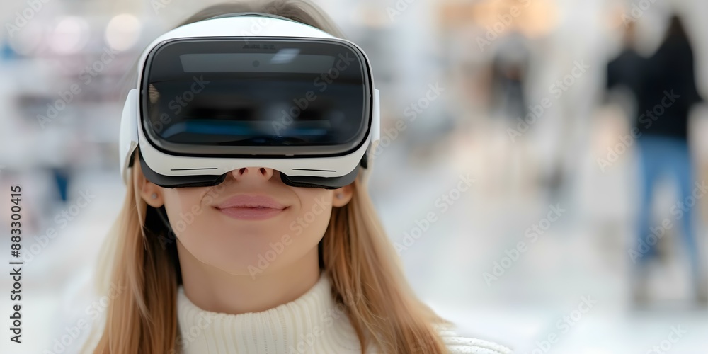Exploring Virtual Shopping in a Metaverse with VR Glasses. Concept Virtual Shopping, Metaverse Experience, VR Glasses, Online Retail, Technology Innovation Exploring Virtual Shopping in a Metaverse with VR Glasses. Concept Virtual Shopping, Metaverse Experience, VR Glasses, Online Retail, Technology Innovation