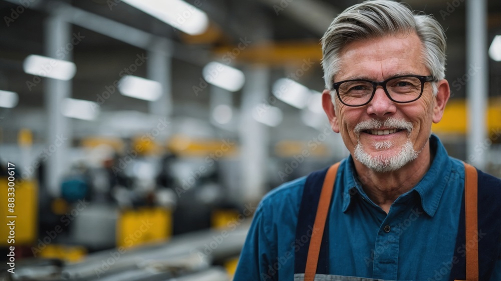 Obraz premium Smiling senior engineer with glasses in an industrial workshop, showcasing a bright, modern work environment with advanced machinery. 