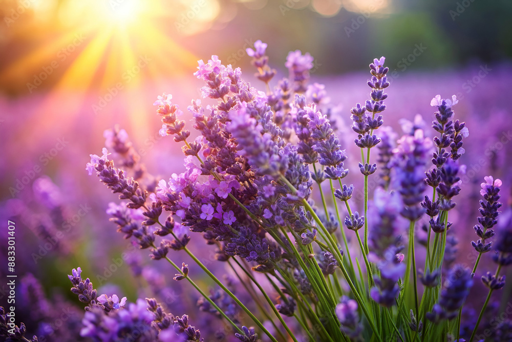 Obraz premium A field of purple lavender flowers with the sun shining on them