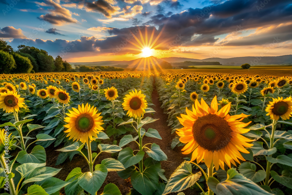 Obraz premium A field of sunflowers with a bright sun in the sky. The sun is shining on the flowers, making them look even more beautiful. The scene is peaceful and serene