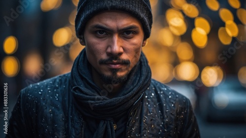 A serious-looking man wearing a beanie and scarf stands outdoors in the evening, illuminated by warm bokeh lights, creating a moody atmosphere.