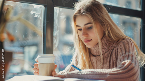 A woman is sitting at a table with a cup of coffee and a book