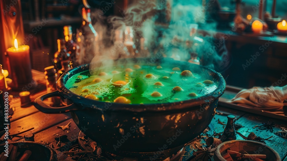 A pot of green liquid is boiling on a table A pot of green liquid is boiling on a table