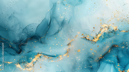 Abstract turquoisea Watercolor Art with , Green, and Gold Hues Blue background
 photo