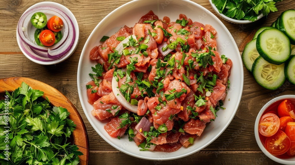 A bright and serene photo of Larb served on a wooden table, with a side of fresh vegetables and herbs, realistic photo, cinematography, hyper realistic A bright and serene photo of Larb served on a wooden table, with a side of fresh vegetables and herbs, realistic photo, cinematography, hyper realistic