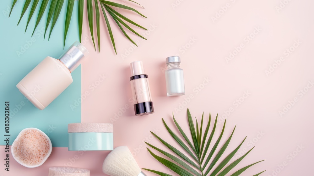 A bright flat lay showcasing beauty products, balanced perfectly with a professional camera setup, realistic photo, cinematography, hyper realistic A bright flat lay showcasing beauty products, balanced perfectly with a professional camera setup, realistic photo, cinematography, hyper realistic