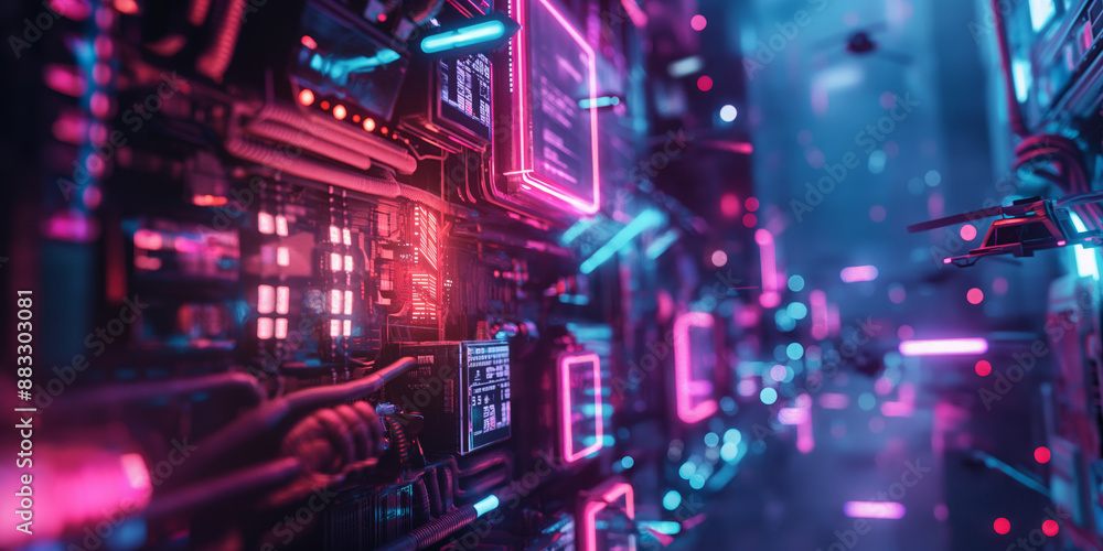 Neon Futuristic Circuit Board Technology with Holographic Lights Neon Futuristic Circuit Board Technology with Holographic Lights