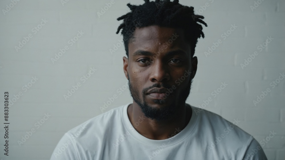 Fototapeta premium A serious man wearing a white t-shirt, staring directly at the camera with a focused and contemplative expression, set against a plain background. 