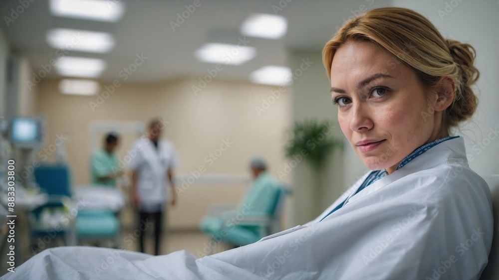 A confident female doctor wearing a white coat, seated in a hospital room with medical staff and patients in the background, exemplifying professionalism and care.
A confident female doctor wearing a white coat, seated in a hospital room with medical staff and patients in the background, exemplifying professionalism and care.
