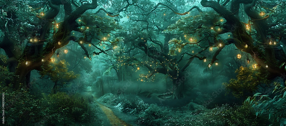 Mystical forest path illuminated by glowing lanterns hanging from ancient trees Mystical forest path illuminated by glowing lanterns hanging from ancient trees