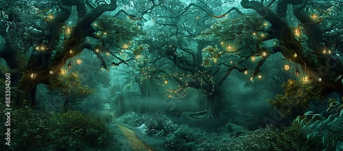 Mystical forest path illuminated by glowing lanterns hanging from ancient trees