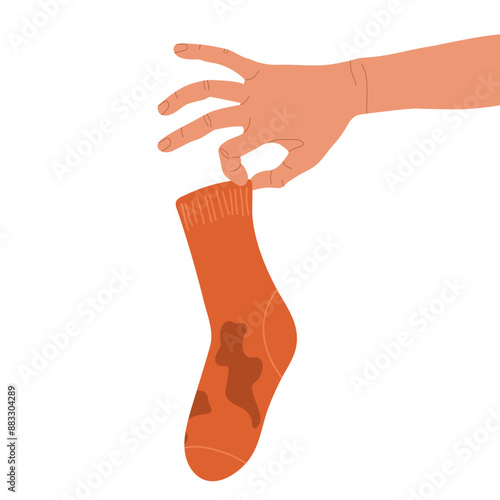 Human hand holds one dirty sock with disgust. Washing is required. Sock in flat style isolated on white. Socks bad smelly and unclean, Unpleasant smell from dirty sock. Dirty laundry, dirt stains.