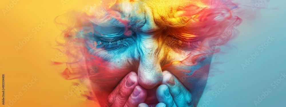 Obraz premium A tight shot of a person's face, enshrouded in hues of smoke emerging from both mouth and hands