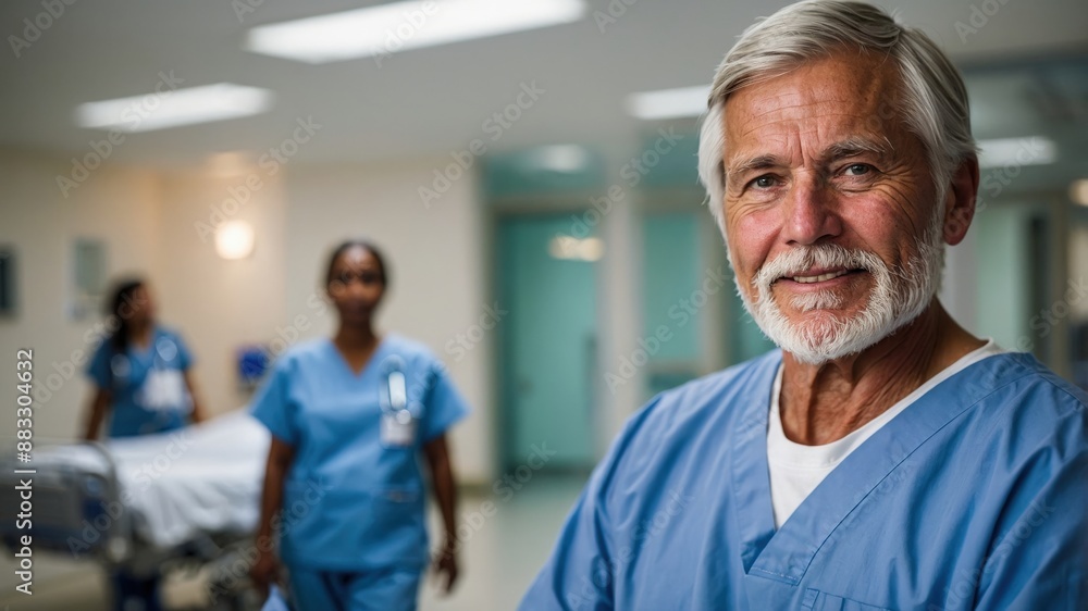 Obraz premium A senior male doctor with gray hair and a beard, standing in a hospital hallway with medical staff in the background. 