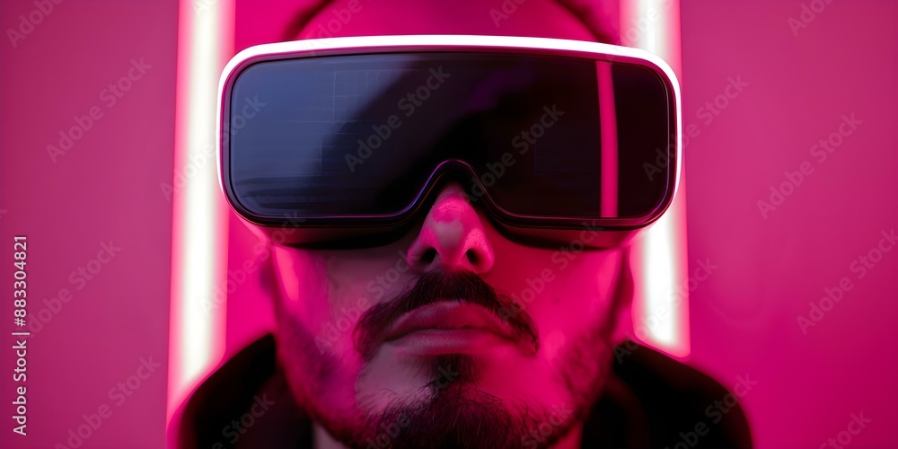 Man striking a pose in a neon virtual reality room wearing futuristic sunglasses. Concept Futuristic Fashion, Neon Vibes, Virtual Reality, Trendy Sunglasses, Pose Inspiration Man striking a pose in a neon virtual reality room wearing futuristic sunglasses. Concept Futuristic Fashion, Neon Vibes, Virtual Reality, Trendy Sunglasses, Pose Inspiration