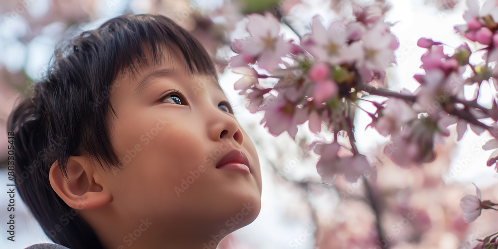 Child Admiring Cherry Blossoms During Springtime in Tranquil Nature Setting Child Admiring Cherry Blossoms During Springtime in Tranquil Nature Setting