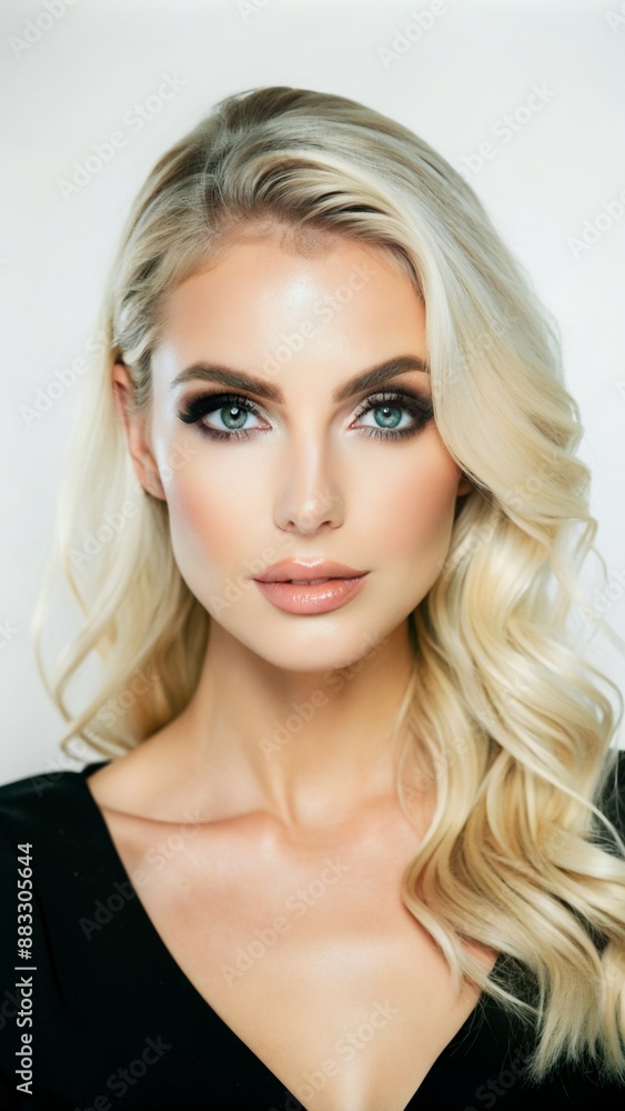Fototapeta premium Portrait of a stunning blonde woman with elegant makeup and wavy hair