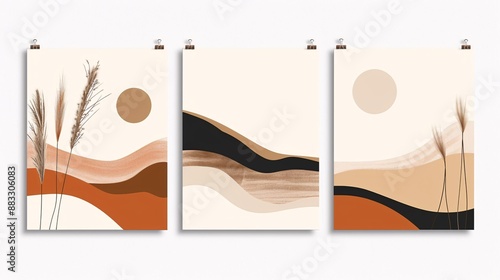 A set of three minimalistic abstract art posters with a continuous flow, displayed on a white background for a cohesive and stylish appearance photo