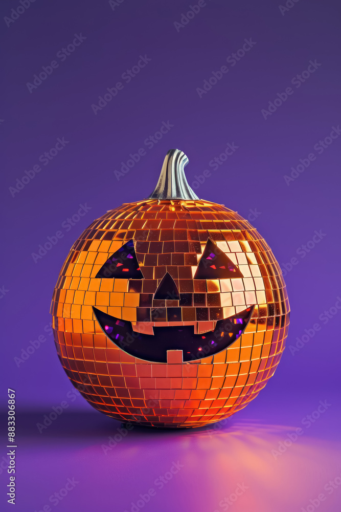 Obraz premium vibrant halloween pumpkin disco ball on purple backdrop for seasonal decor