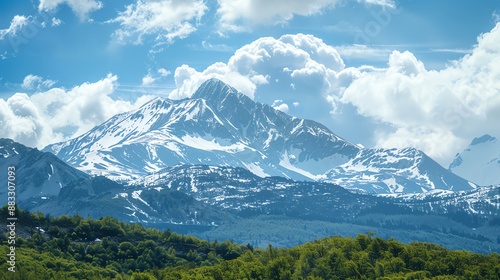 Majestic snow-capped mountain peak with a fluffy cloud overhead.