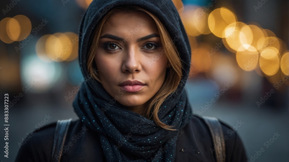 A woman wearing a hooded scarf looks confidently at the camera, with blurred city lights in the background creating a vibrant and urban atmosphere.
A woman wearing a hooded scarf looks confidently at the camera, with blurred city lights in the background creating a vibrant and urban atmosphere.