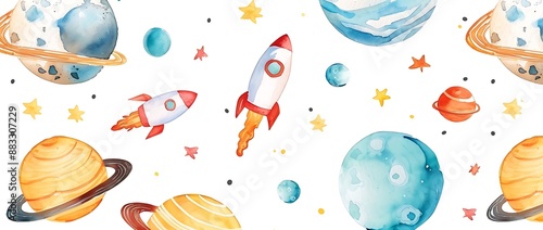 Rockets and planets in watercolor style seamless pattern for kids photo