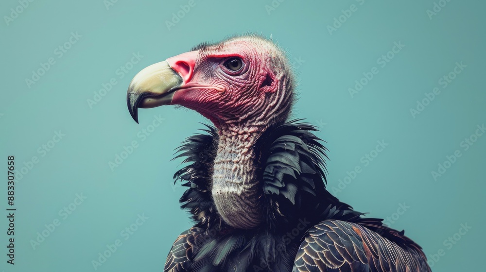 Portrait of a Vulture Against a Minimalist Blue Background Portrait of a Vulture Against a Minimalist Blue Background