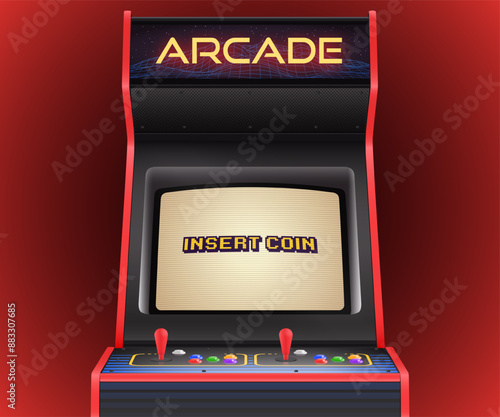 Retro Arcade Machine With ‘Insert Coin’ Message on the Screen. Vector Illustration