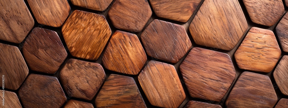 A tight shot of a hexagonal wooden wall, adorned with hexagonal tiles A tight shot of a hexagonal wooden wall, adorned with hexagonal tiles