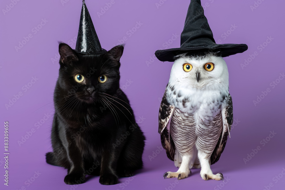 black cat and snowy owl dressed in witches hats for halloween against purple backdrop black cat and snowy owl dressed in witches hats for halloween against purple backdrop