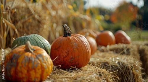 Pumpkins on bales of straw and sunflowers, autumn composition concept design